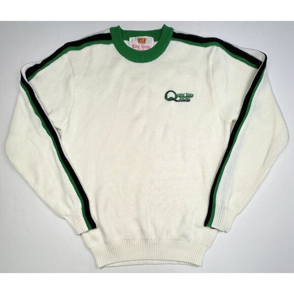 VTG KING SPORTS Mens XL Quaker State Racing Striped Sleeve Ivory SWEATER EUC - Picture 1 of 9
